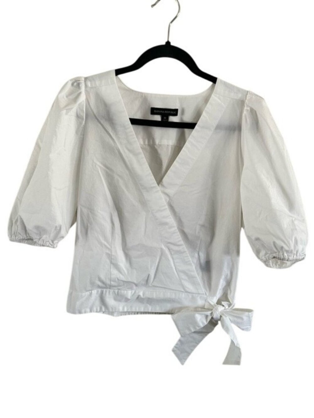 Banana Republic White Wrap Tie Puff-Sleeve Blouse Sz Med Summer Business Casual